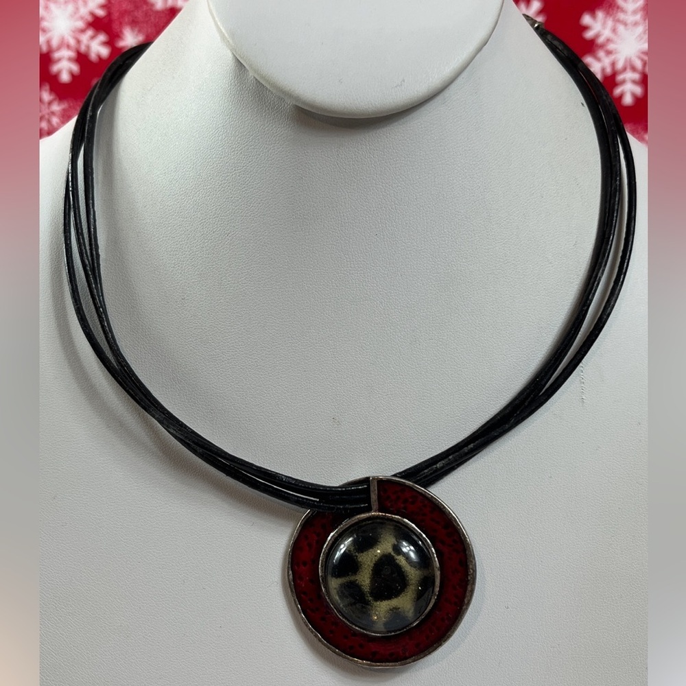 Chicos Black  Rope Cord AdjustableNecklace With Glass & Metal Medallion Pendant